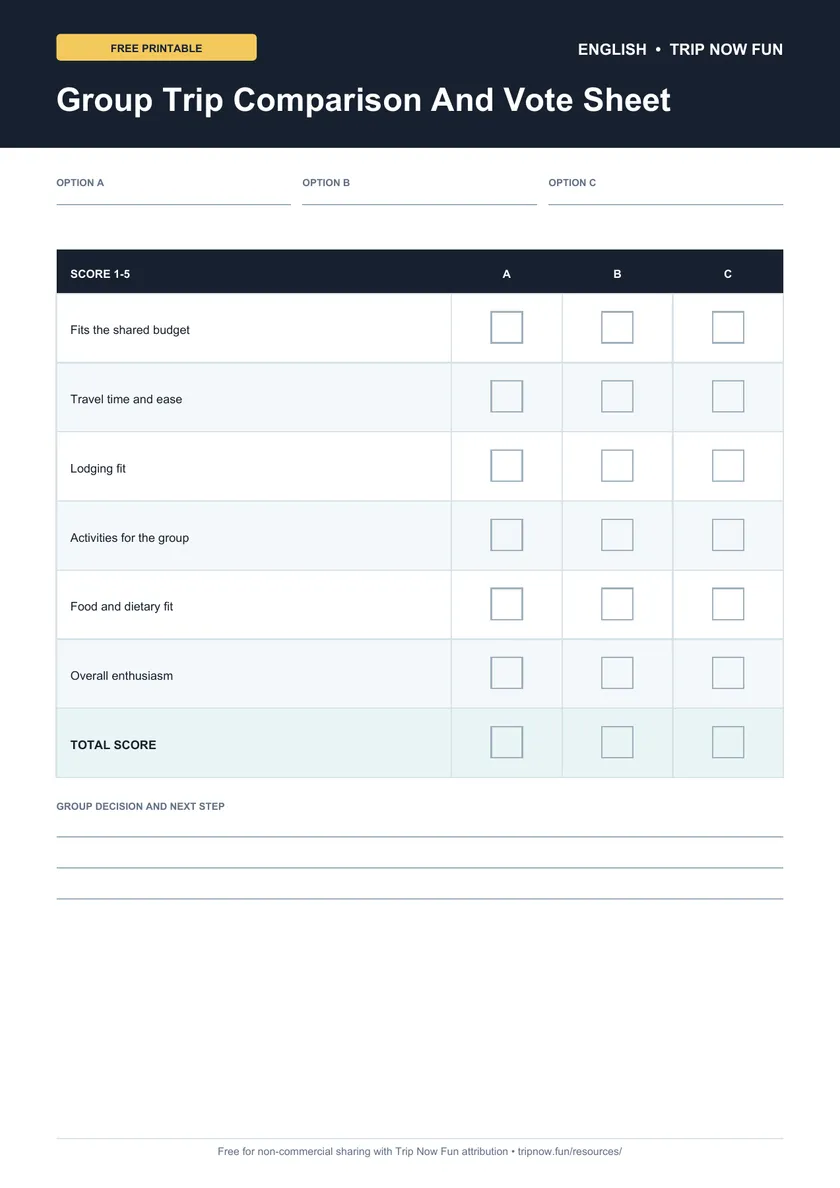Resource preview: Group Trip Comparison And Vote Sheet
